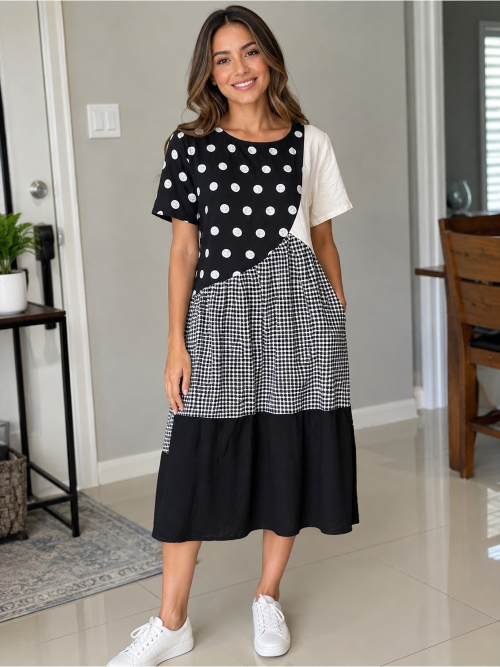 Polka Dot & Gingham Patchwork Midi Dress Black & White size S